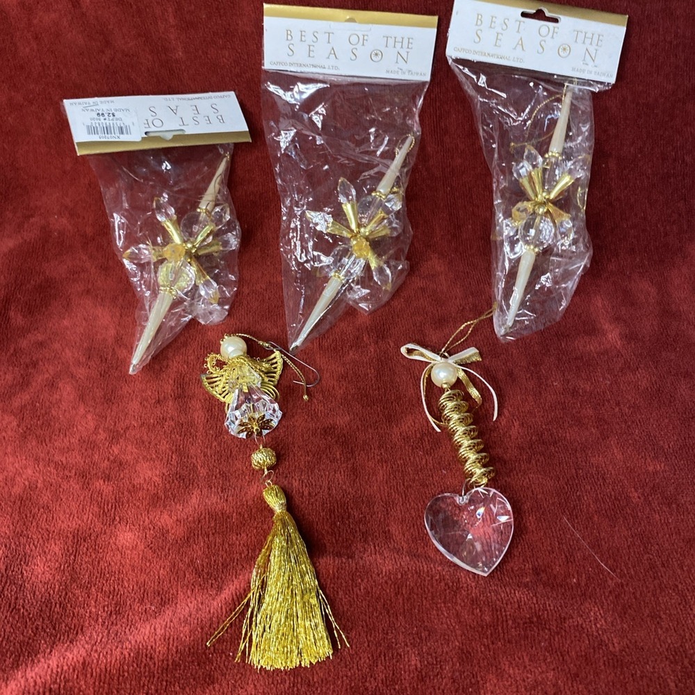 Lot Of 5 Vintage Clear Acrylic And Gold Toned Christmas Ornaments Caffco Taiwan